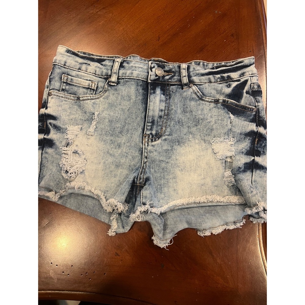JEAN9 Women's Distressed Acid Wash Denim Shorts Size 11 Blue Frayed Hem Stretch